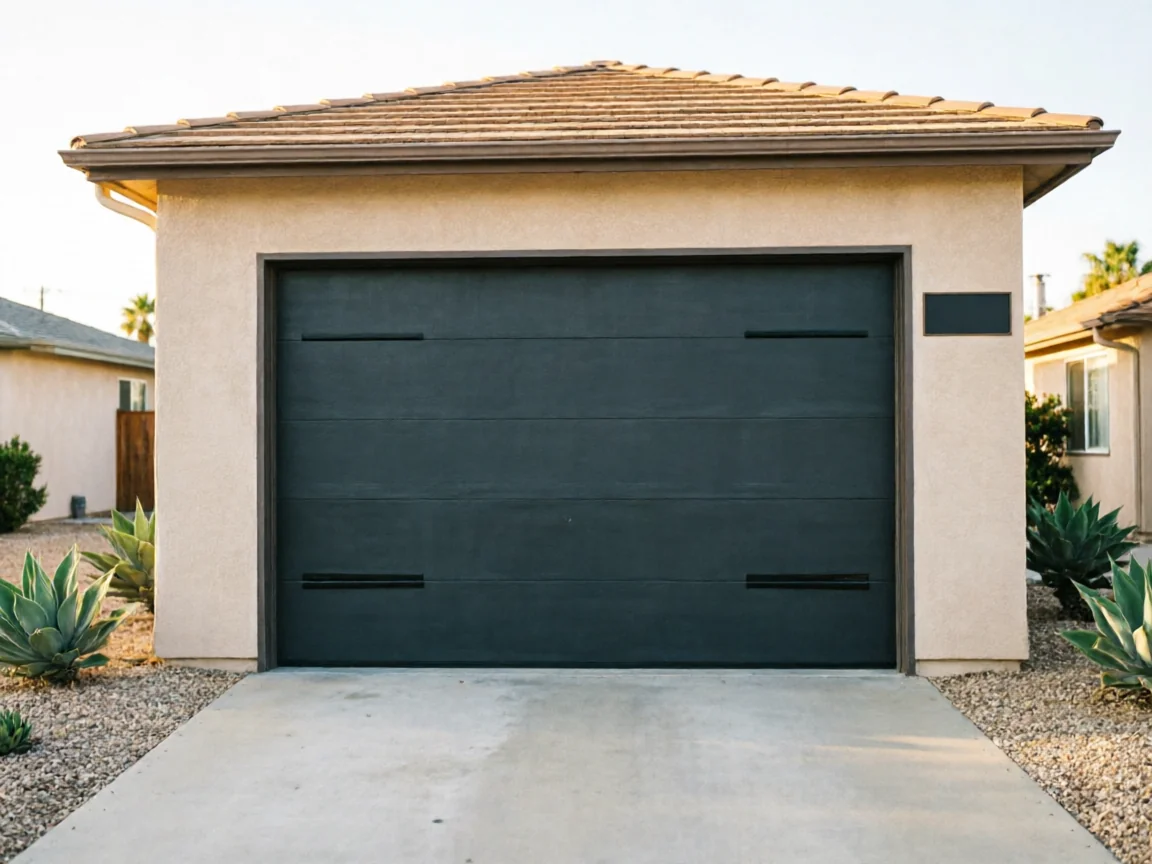 A dark gray garage door is on a light beige house with a tiled roof.