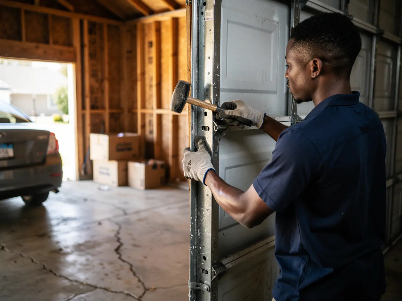 A technician in gloves uses a hammer on a garage door track inside a garage.