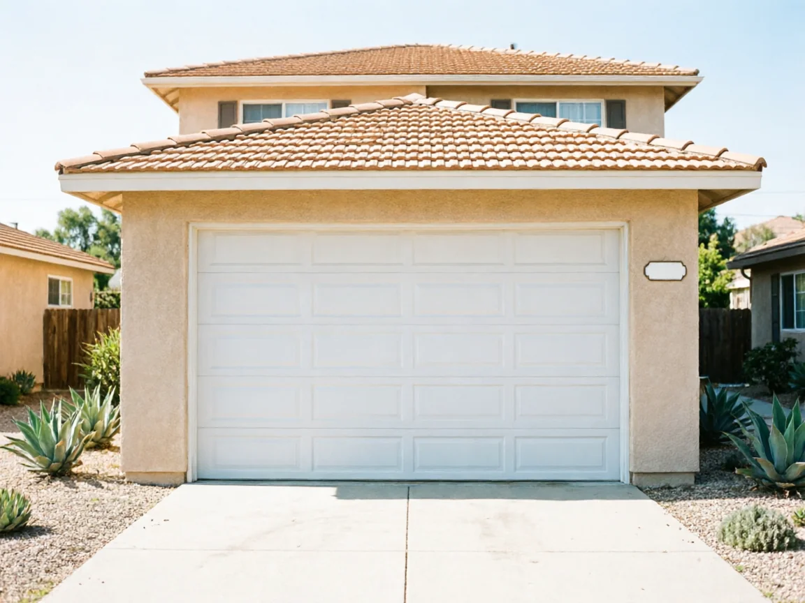 A white garage door on a tan house with a tiled roof.