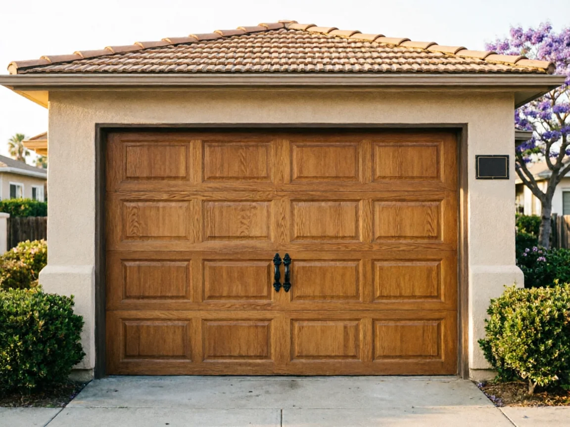 The garage door is made of wood with two black handles.